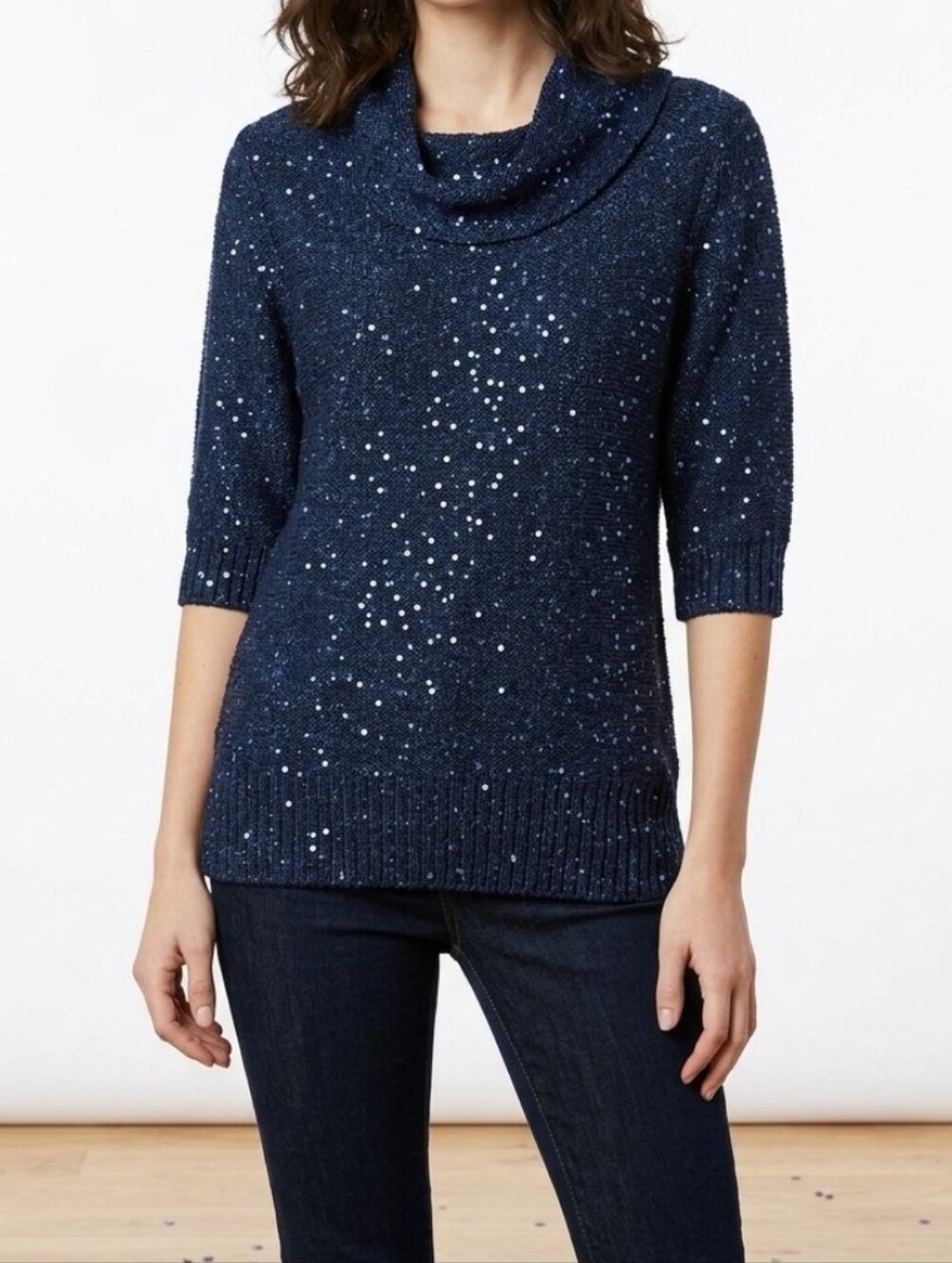 Nue Options Sweater Blue Sequins Pullover Cowl Neck Long Sleeve Shirt Sz L